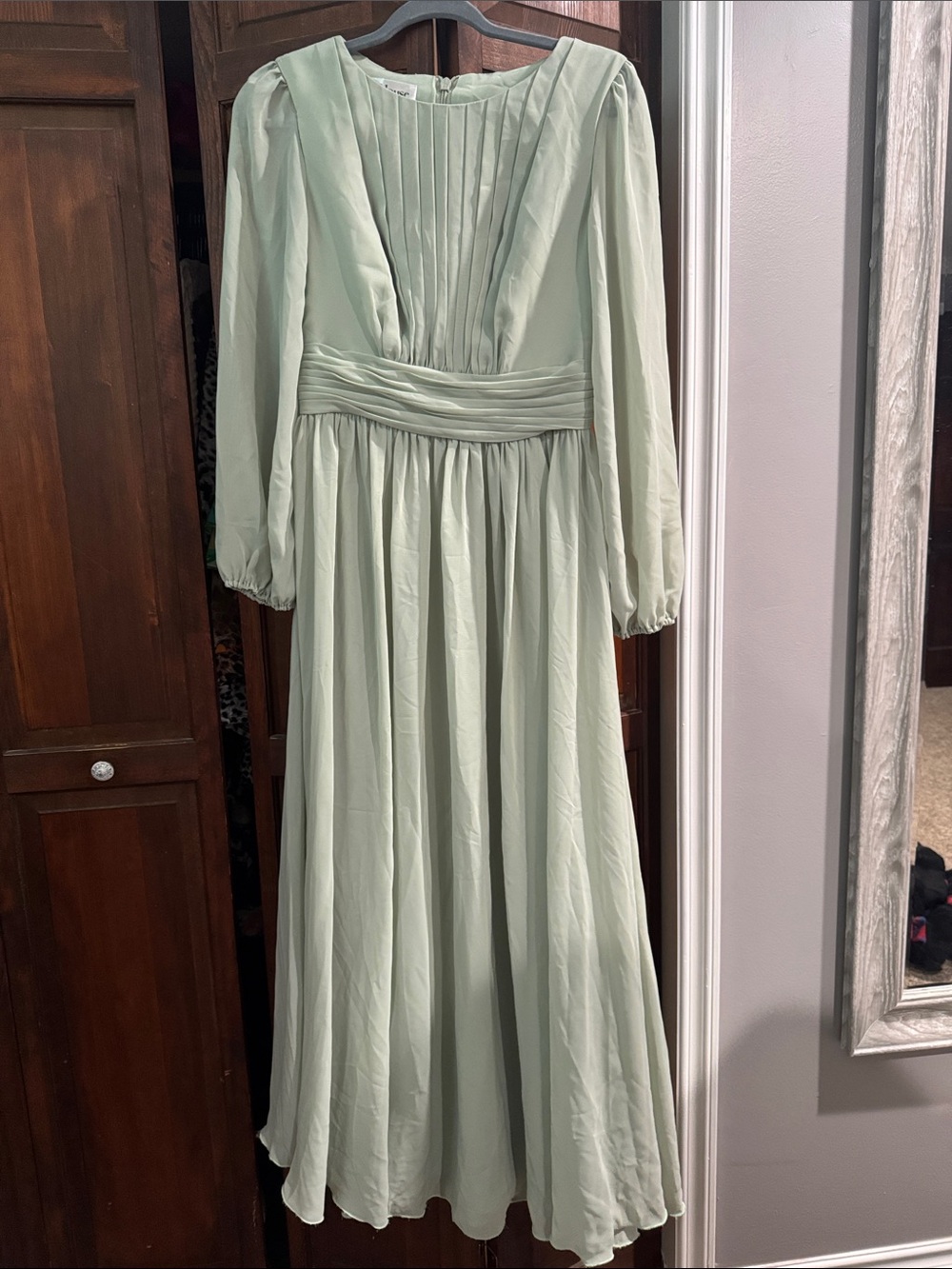 JJs House Mint Green Long Sleeve Pleated Waist Gown